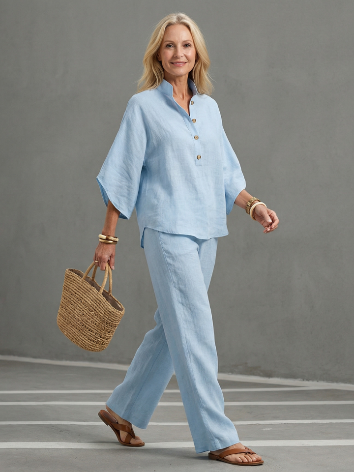 Veda Bremen Carolyn pinstripe tunic and matching pants set, stylish and comfortable for casual wear.