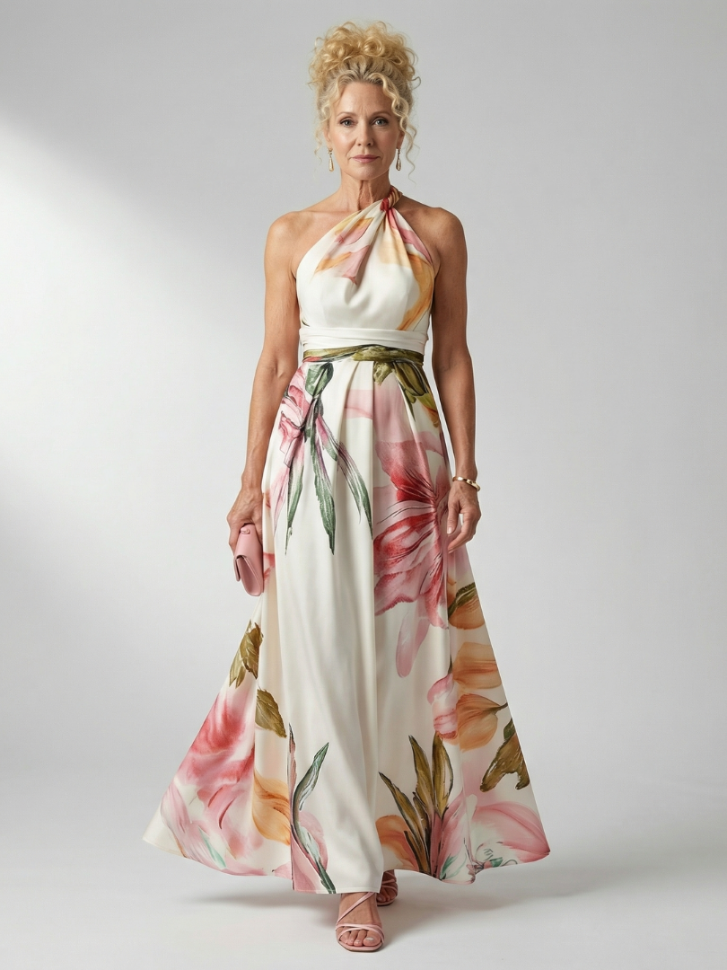 Veda Bremen Amiel lightweight maxi dress with colorful floral print, flowing fabric, and sleeveless design for warm weather wear.
