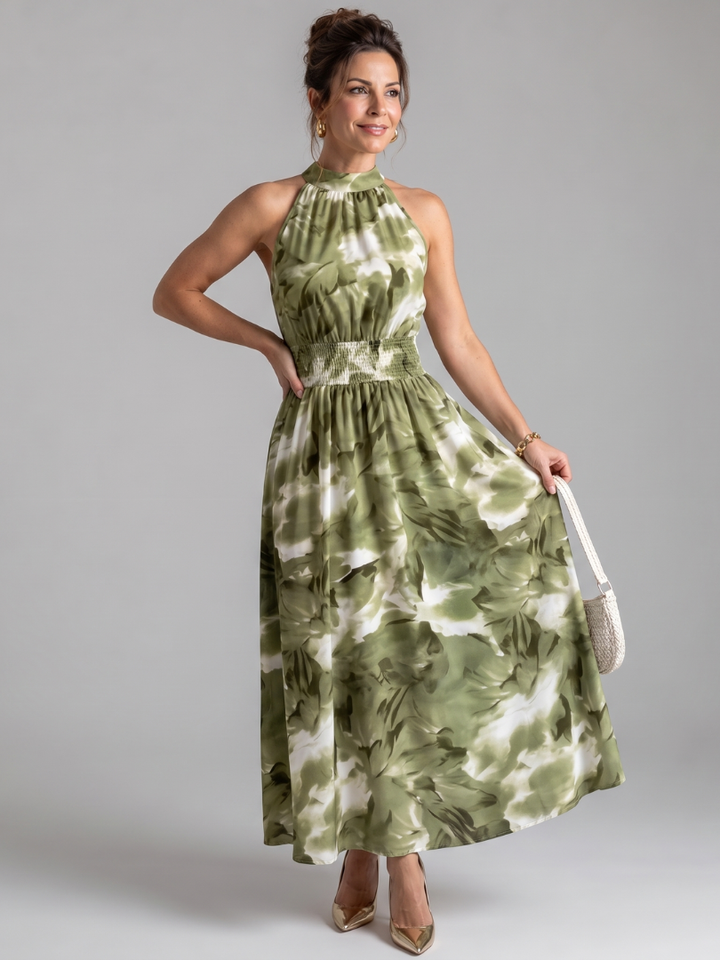 Veda Bremen Olivia midikleid with ruched waistband and abstract print, showcasing lightweight fabric and stylish design.