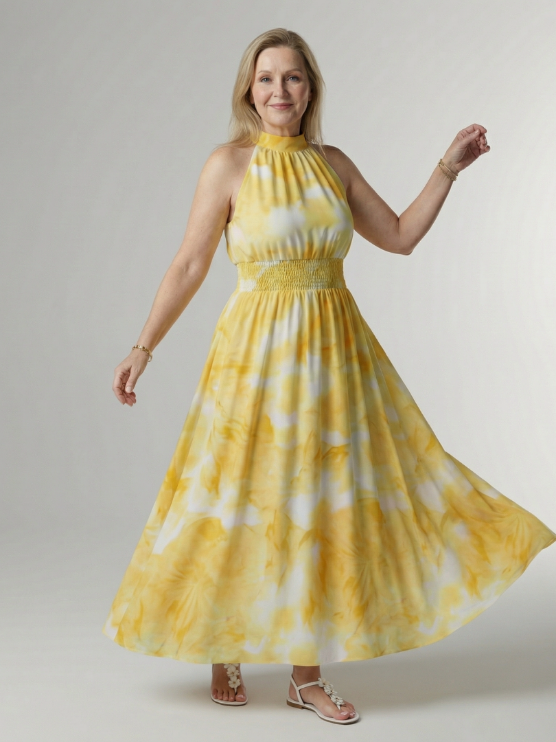 Veda Bremen Sylin Gerafftes Midikleid mit Neckholder, elegant sleeveless dress with ruching and tie neckline, in soft fabric.