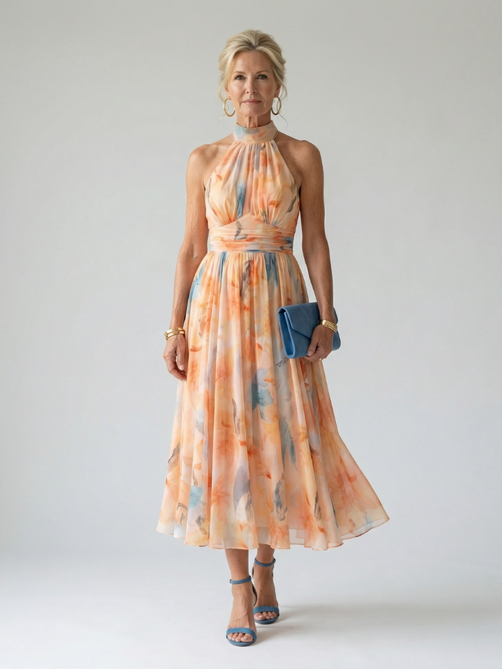 Veda Bremen Elin soft midi dress with neckholder, flowing fabric, and elegant design, shown in a stylish light color.