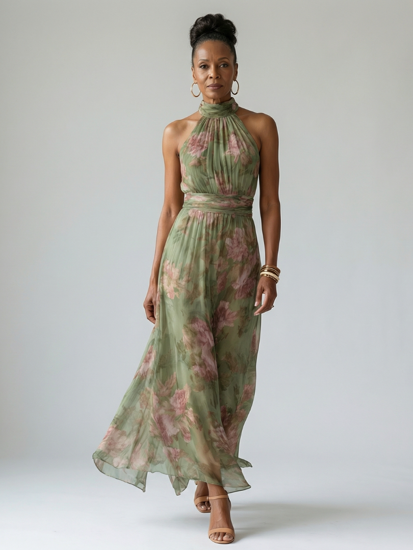 Veda Bremen Mirelle gerafftes Midikleid mit Neckholder, elegante dunkelblaue Stoff, fließender Schnitt, perfekt für Sommerveranstaltungen