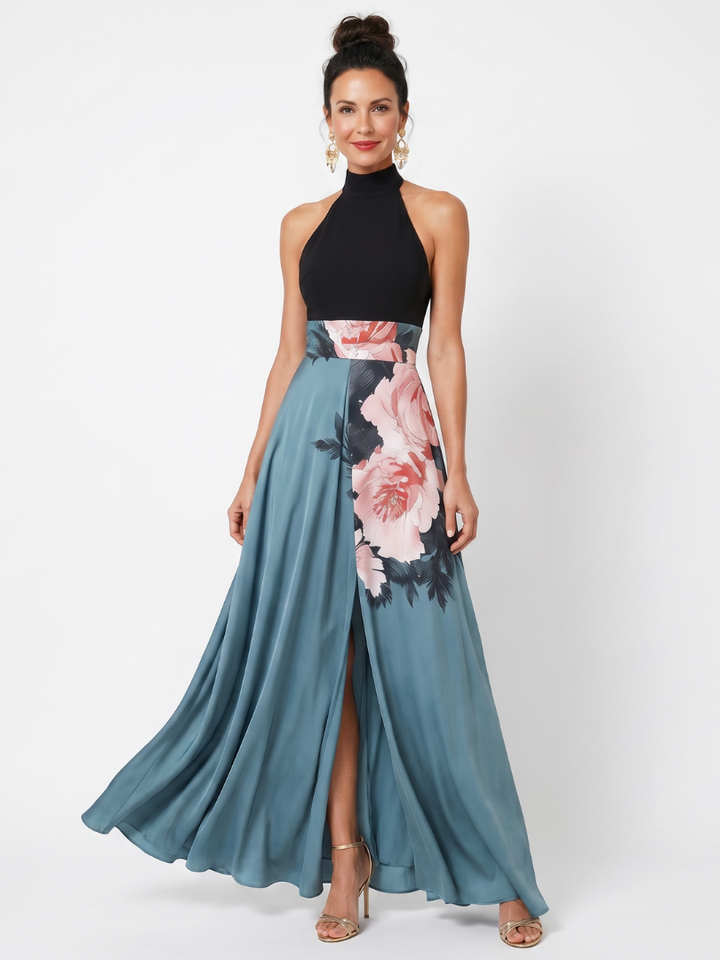 Veda Bremen Olympas maxi dress with neckholder top and floral skirt, featuring a flowy, elegant summer fashion look.
