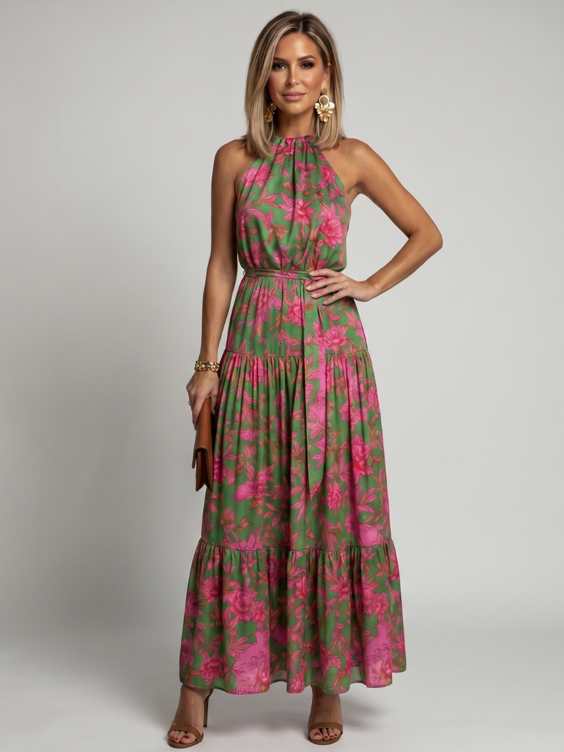 Veda Bremen Rowen draped midi dress with neckholder, featuring flowy fabric and elegant design, shown on a model.