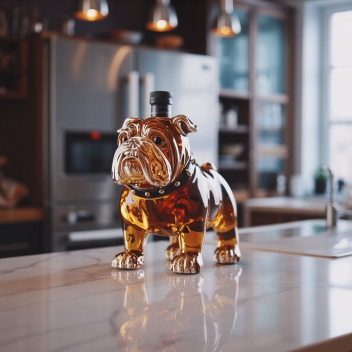 Veda Bremen Bulldoggen Edition whisky bottle with label featuring a bulldog illustration and elegant design.