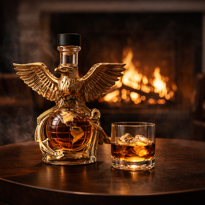 Veda Bremen Whisky Flachmann Aquila Edition with sleek metal finish and engraved design for portable liquor storage.