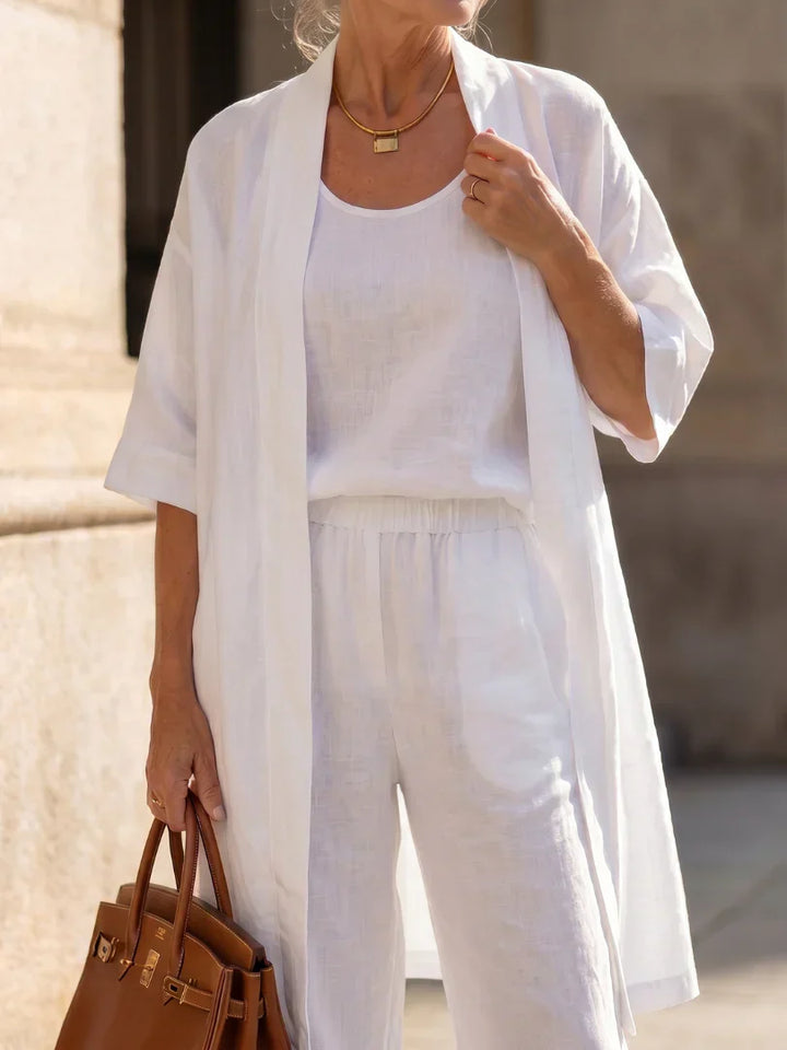 Veda Bremen Linnea lightweight linen set featuring a breezy, natural fabric in soft neutral tones, perfect for casual summer wear.