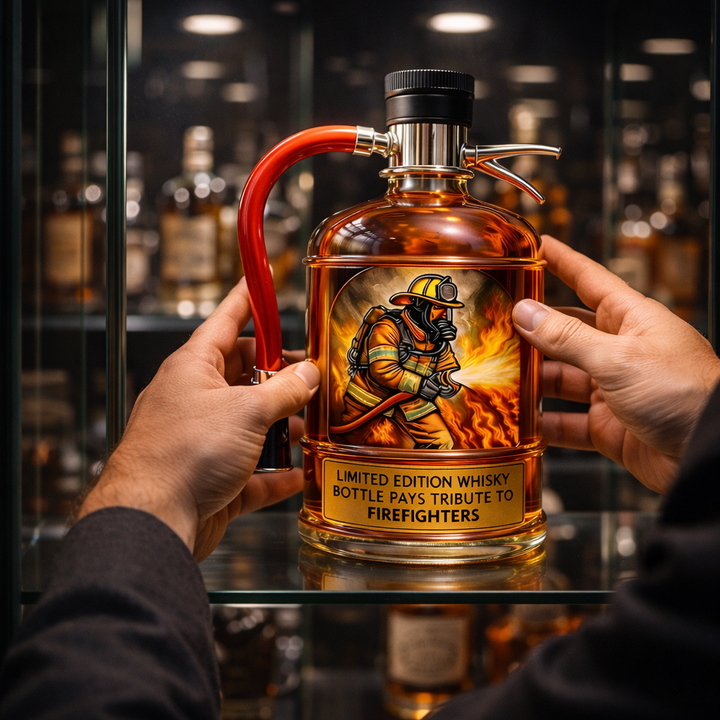 Veda Bremen Whisky Flasche in Feuerlöscher Edition, vintage-style metal fire extinguisher-shaped bottle with label detail