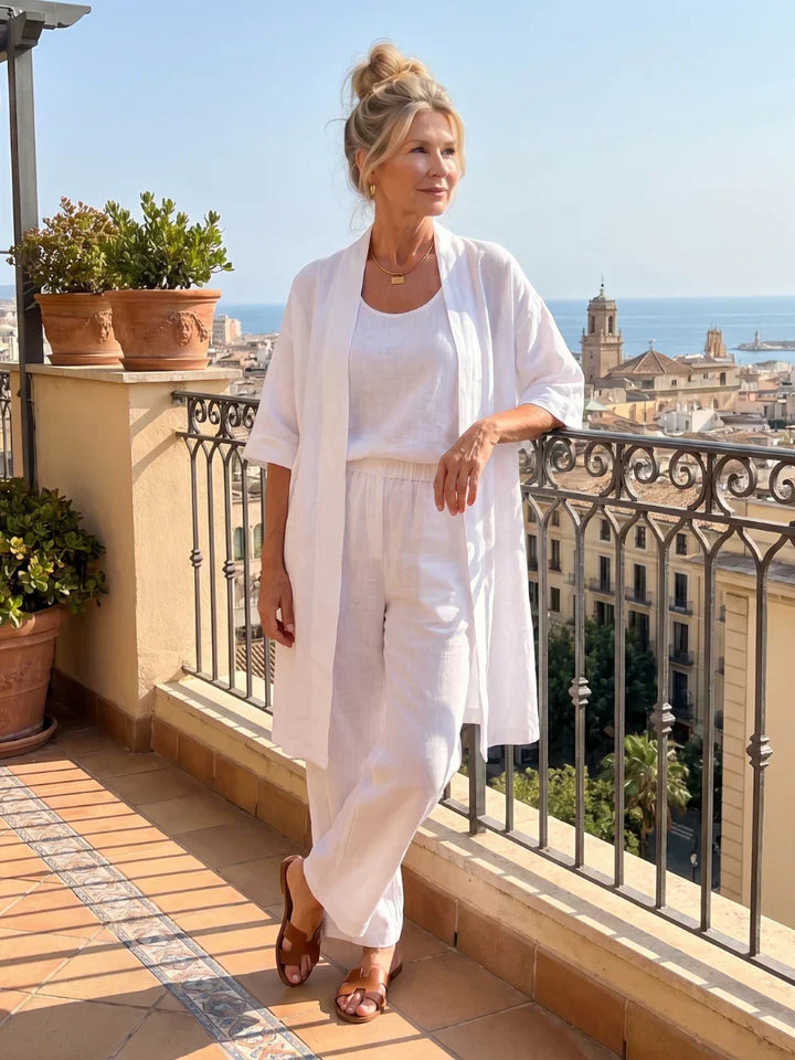 Veda Bremen Linnea lightweight linen set featuring a breezy top and matching pants in natural linen fabric.