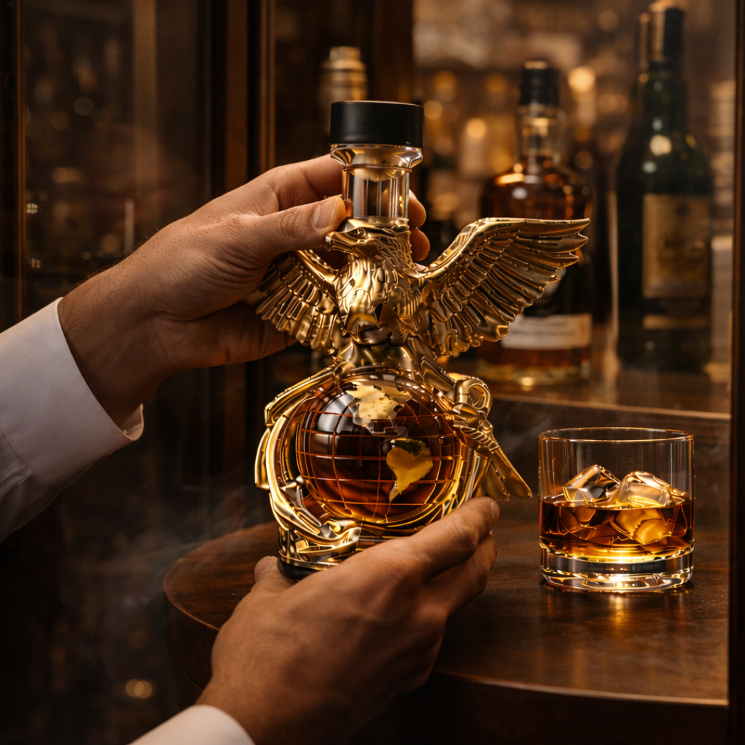 Veda Bremen Aquila Edition whisky flachmann with stainless steel body and engraved design, compact and portable for personal use