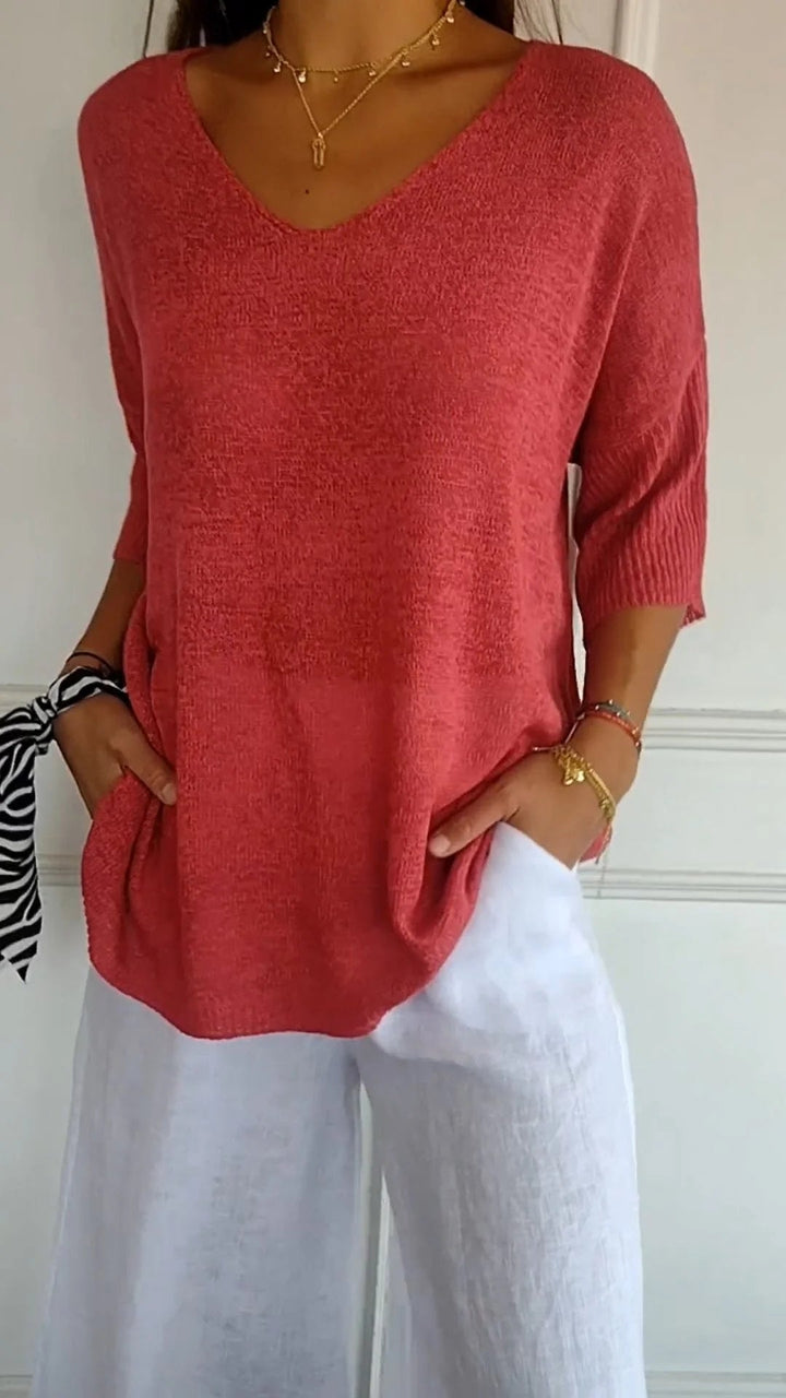 Veda Bremen Jill sleeveless V-neck top in soft fabric, light color, close-up showing neckline and sleeveless design.
