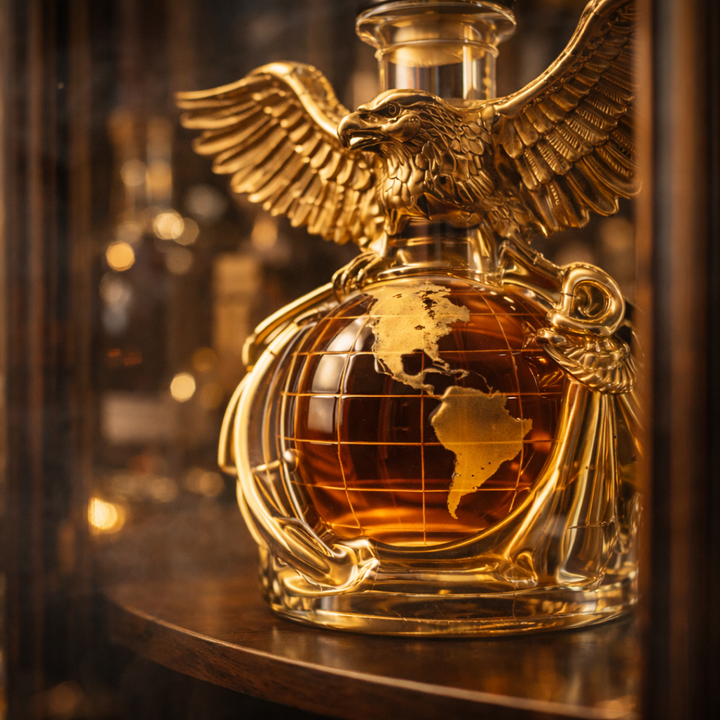 Veda Bremen Whisky Flachmann Aquila Edition with sleek metal design and engraved logo, ideal for carrying spirits discreetly.