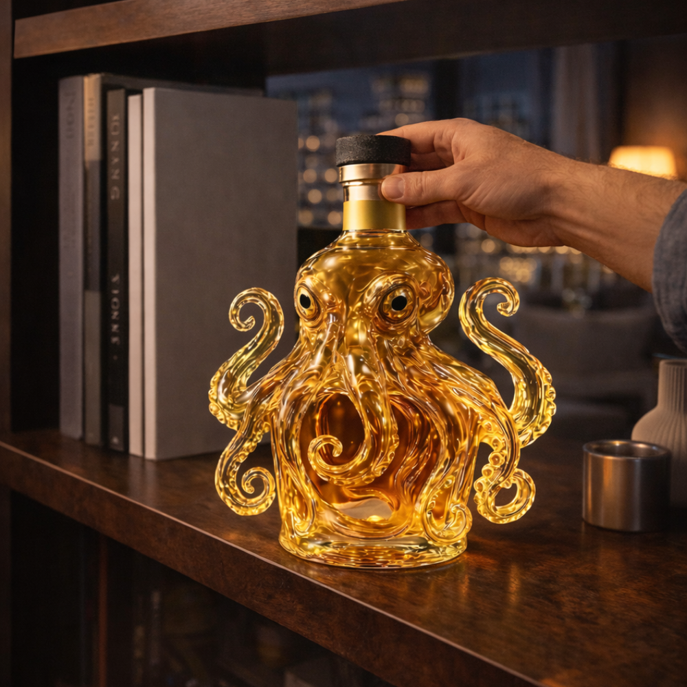 Veda Bremen Whisky Flasche Oktopus Edition with intricate octopus design and dark glass, elegant and unique for collectors.