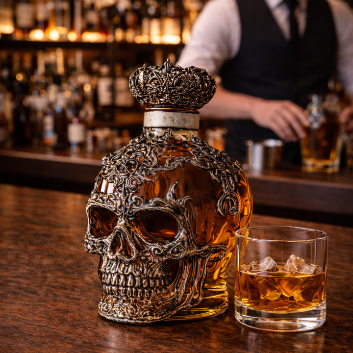 Veda Bremen Whisky Flasche with Totenschädel skull design, dark glass bottle featuring intricate artwork and bold label.