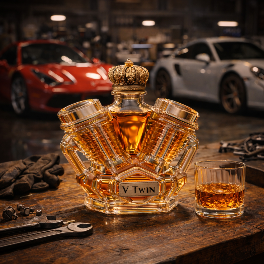 Veda Bremen Whisky Flachmann Edition V8, stainless steel liquor flask with engraved design and screw cap.