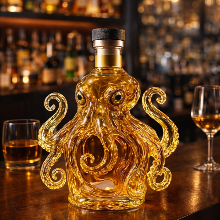 Veda Bremen Whisky Flasche Oktopus Edition featuring a dark glass bottle with octopus artwork and intricate label design