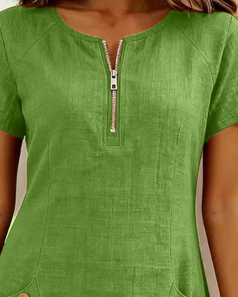 Veda Bremen Dariae linen blend A-line dress in soft fabric, shown on a model with a relaxed fit and stylish design.