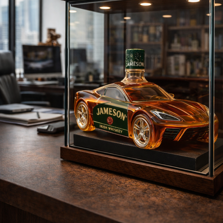 Veda Bremen Corvette Edition whisky bottle with sleek label design and transparent glass showcasing amber whisky inside.