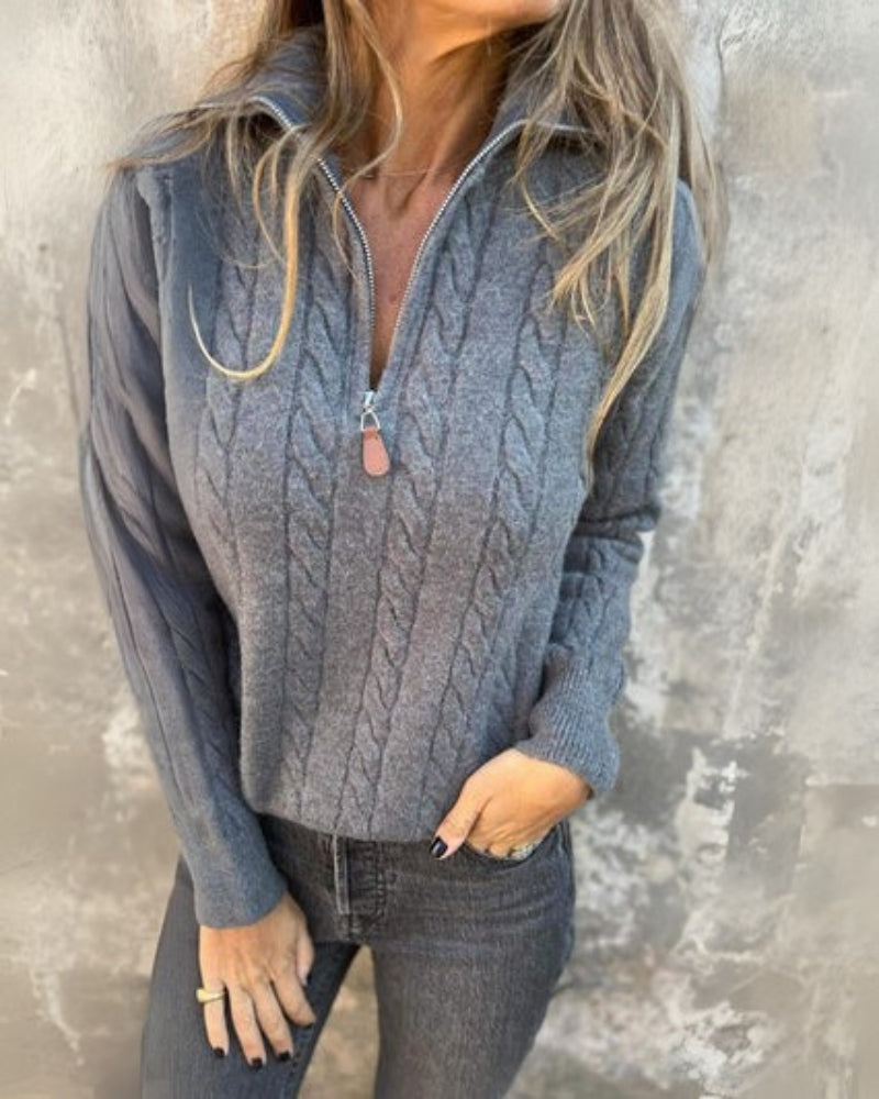 LuroLondon Nora half-zip sweater in cozy knit, featuring a high collar and half-zip front, shown in a neutral color.