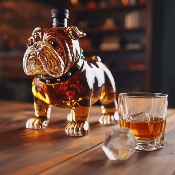 Veda Bremen Bulldoggen Edition whisky bottle featuring a decorative dog-themed label and clear glass container.