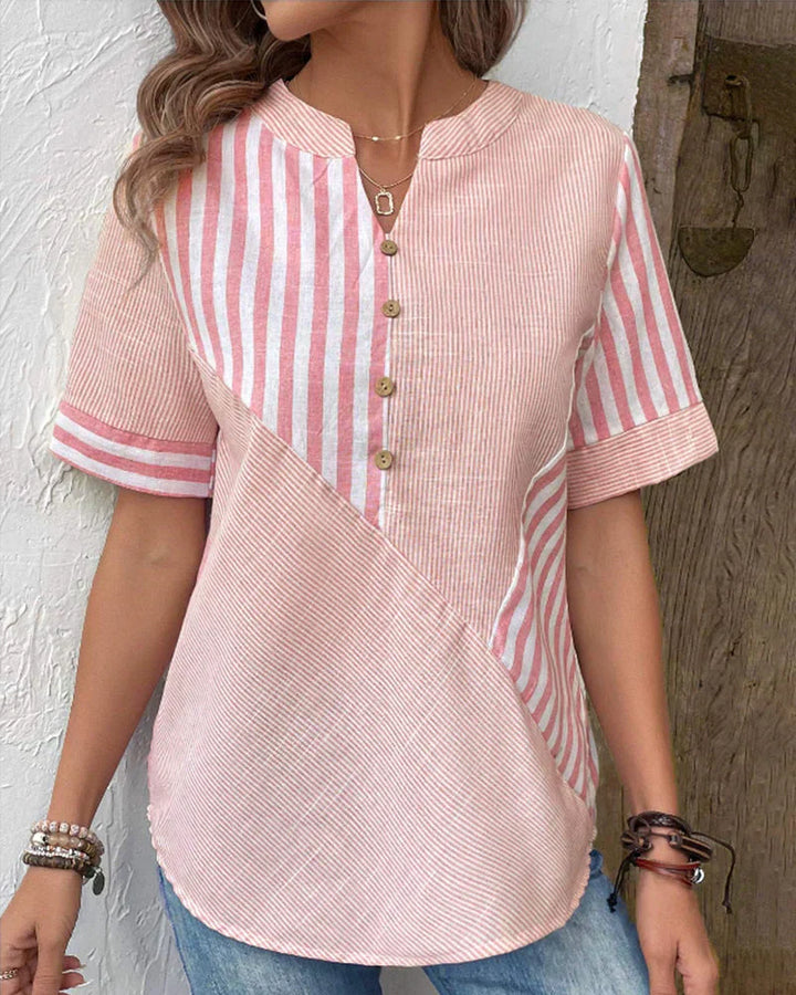 Veda Bremen Talia elegant striped blouse with long sleeves and button front, featuring a stylish, modern design.