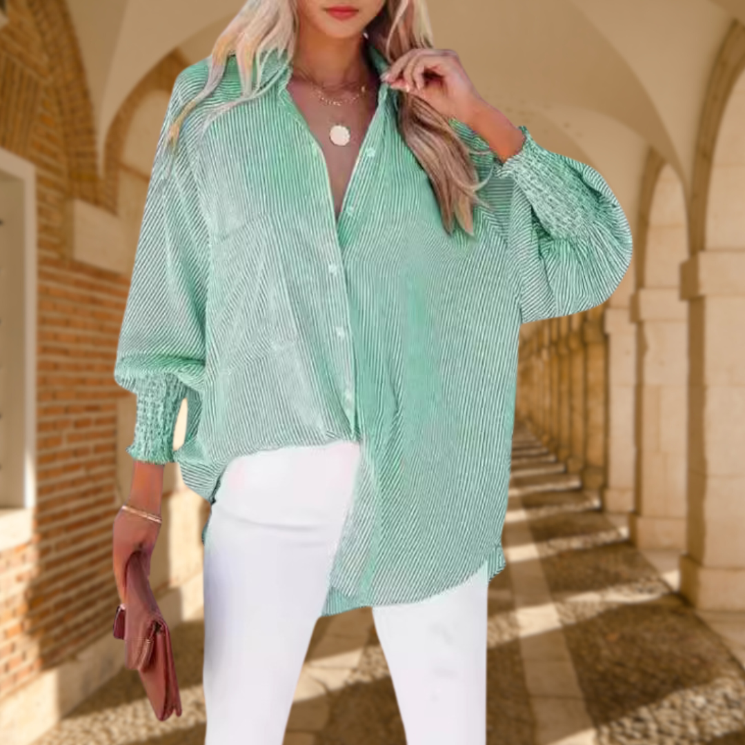 Veda Bremen Maude casual everyday shirt in soft fabric, displayed flat with long sleeves and a relaxed fit.