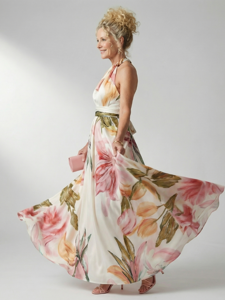 Veda Bremen Amiel lightweight maxi dress with colorful floral print, flowing fabric and feminine design.
