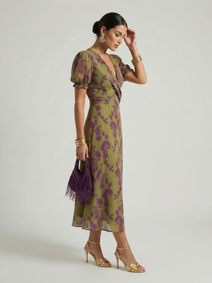 Veda Bremen Virel casual midi dress with colorful floral print, lightweight fabric, and relaxed fit, perfect for summer wear.