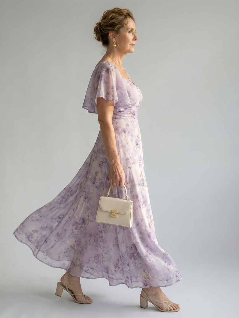 Veda Bremen Vaelis mid-length dress with flutter sleeves, lightweight fabric, and elegant silhouette.