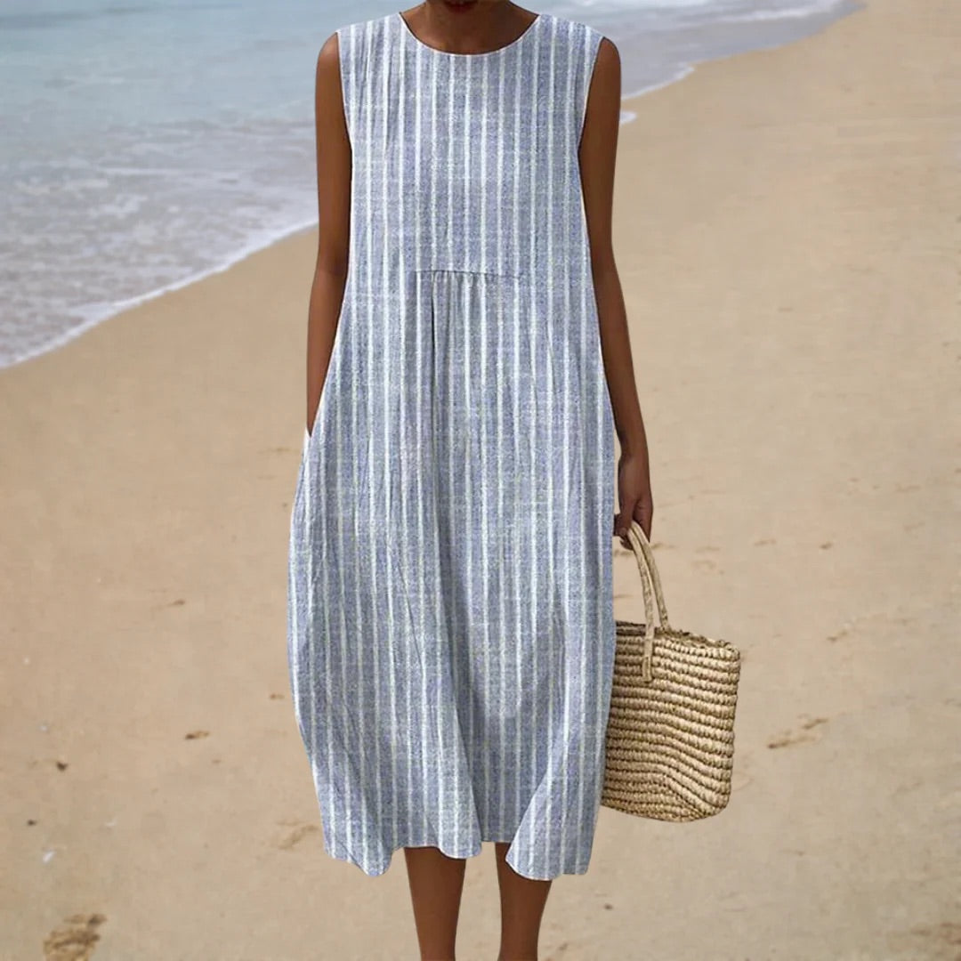 Veda Bremen sleeveless comfortable dress in soft fabric, shown in a relaxed fit with a simple, elegant design.