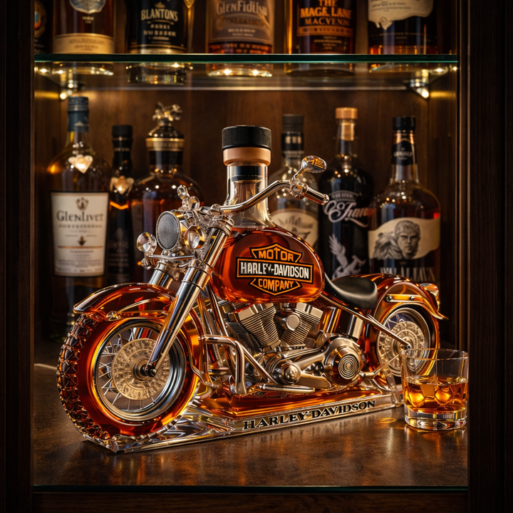 Veda Bremen Harley Davidson Edition whisky bottle, houseware and kitchen item with motorcycle-themed design, clear glass and label.