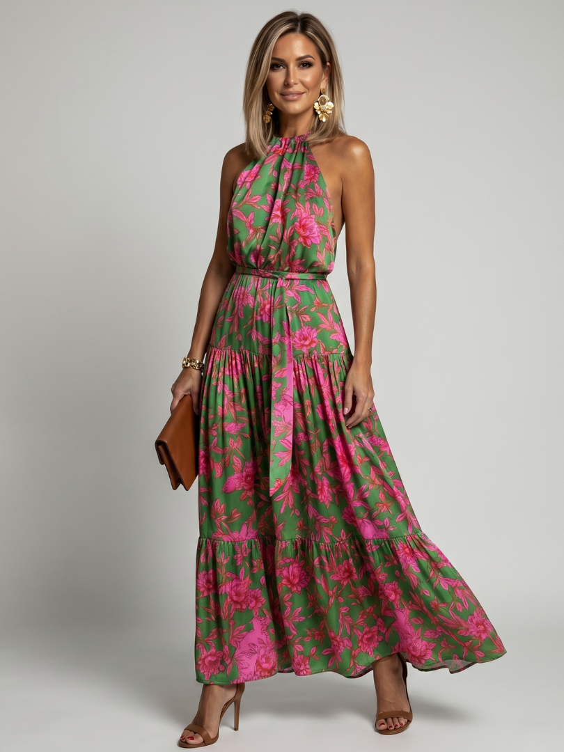 Veda Bremen Rowen draped mid-length neckholder dress in soft fabric, featuring elegant ruffled details and a fitted waist.