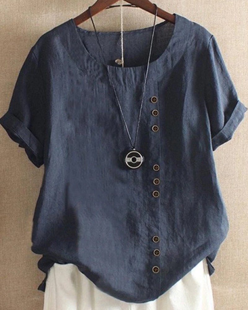 Veda Bremen Miranda summer T-shirt in vibrant colors, casual fit, soft fabric, displayed on a hanger with a plain background.