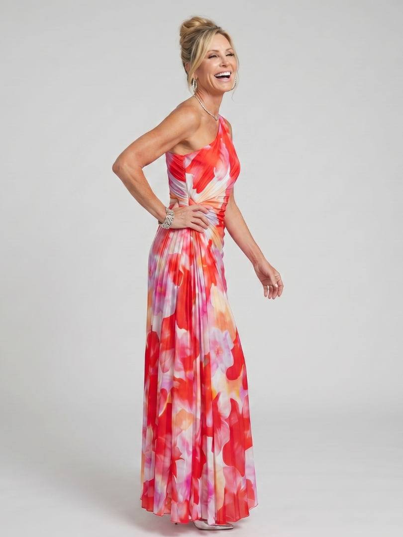 Veda Bremen Taya midi dress with one-shoulder strap and pleated bodice, elegant evening wear in soft fabric