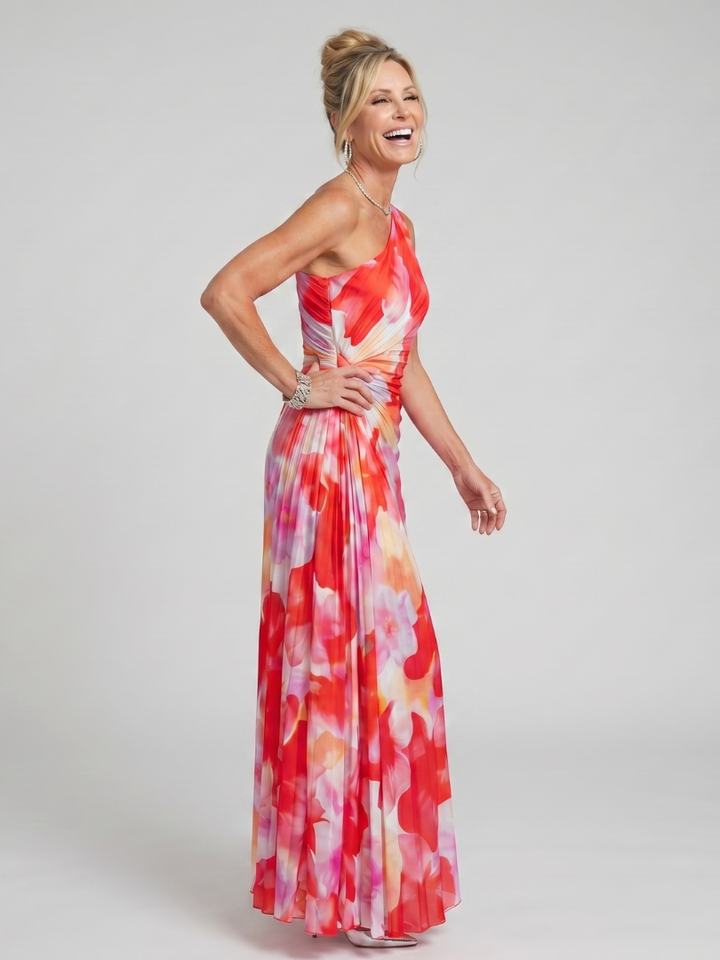 Veda Bremen Taya midi dress with one-shoulder strap and pleated bodice, elegant evening wear in soft fabric
