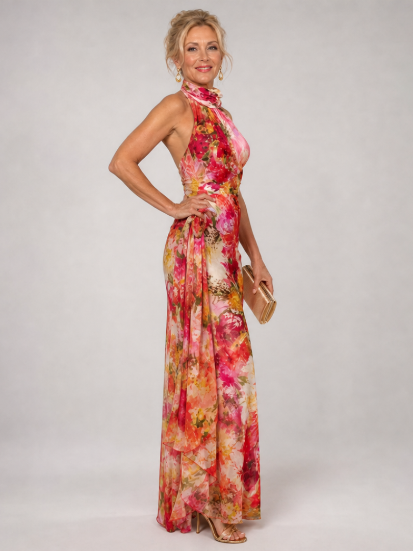 Veda Bremen Elisabetta maxidress with neckholder and floral print, flowing fabric and vibrant colors in a full-length view