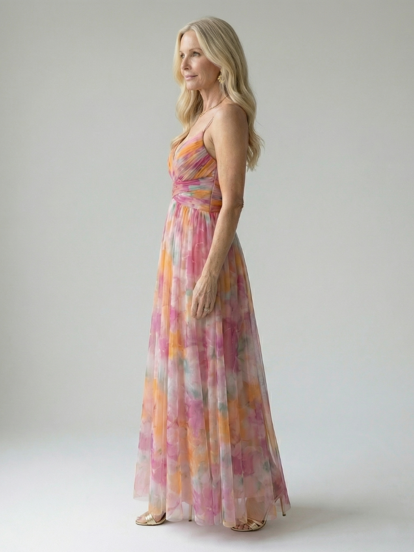 Veda Bremen Isel soft wrap maxi dress in flowing fabric, featuring a flattering draped silhouette and elegant design.