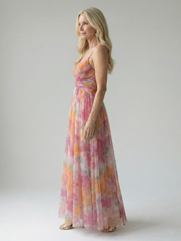 Veda Bremen Isel soft wrap maxi dress in flowing fabric, featuring a flattering draped silhouette and elegant design.
