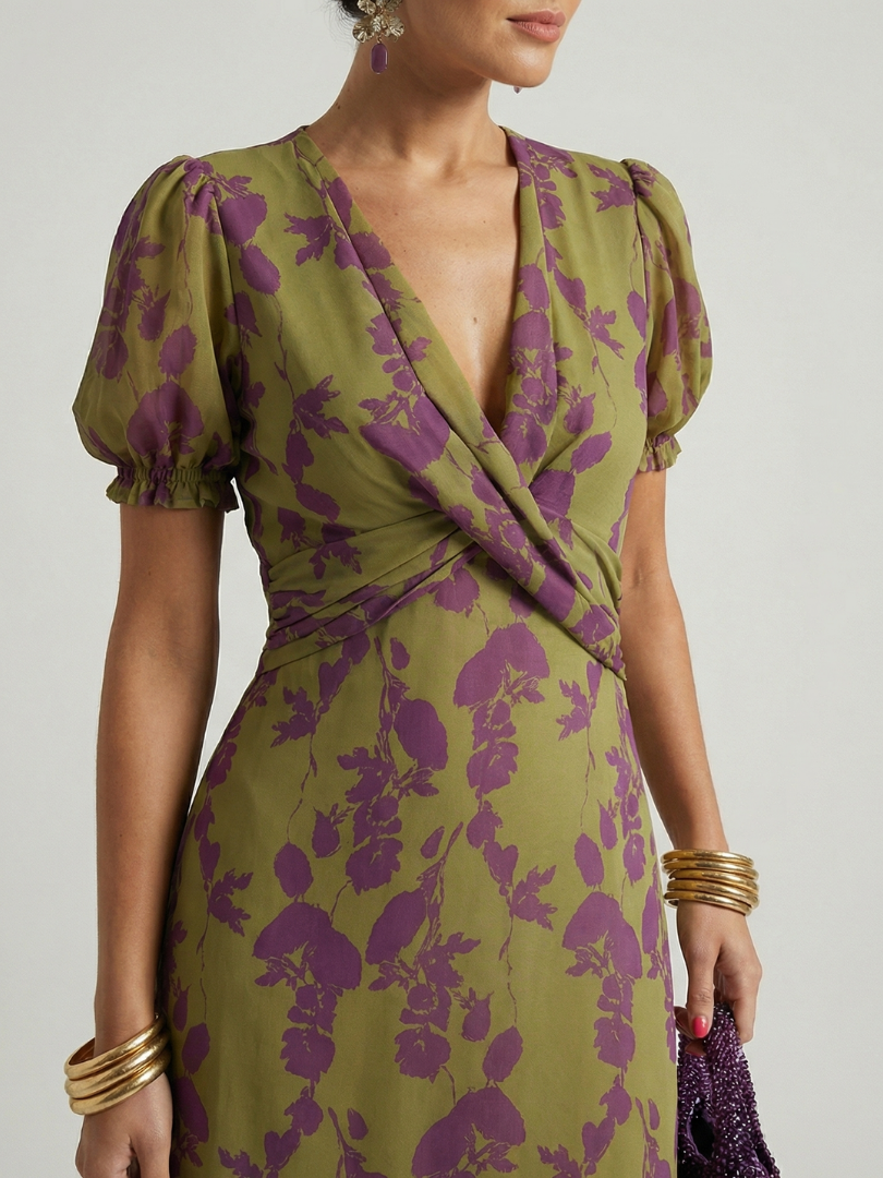 Veda Bremen Virel casual midi dress with colorful floral print, flowing fabric, and relaxed fit.