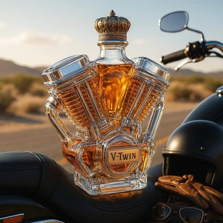Veda Bremen Whisky Flachmann Edition V8 with engraved design and stainless steel finish on a white background.