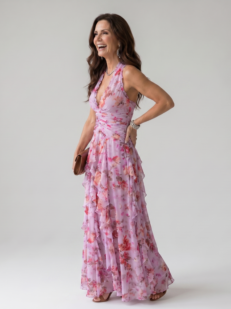 Veda Bremen Nori maxi dress with neckholder, gathered bodice, floral print, flowing fabric, perfect for summer or casual wear.