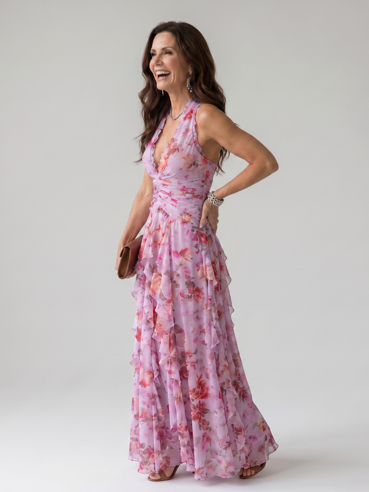 Veda Bremen Nori maxi dress with neckholder, gathered bodice, floral print, flowing fabric, perfect for summer or casual wear.