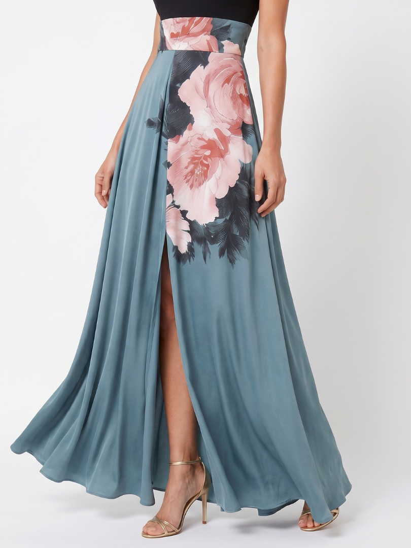 Veda Bremen Olympas maxi dress with neckholder top and floral skirt, stylish and elegant summer dress.