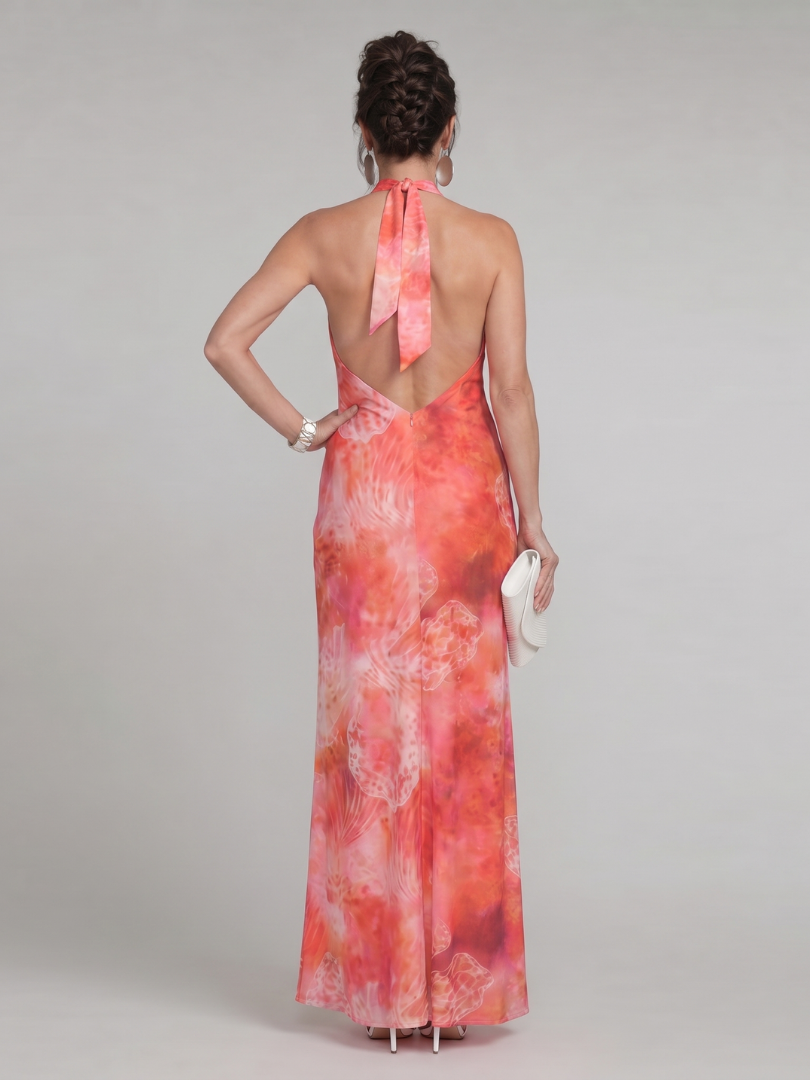 Veda Bremen Coraline maxi dress with neckholder and colorful print pattern, flowing fabric for elegant summer wear