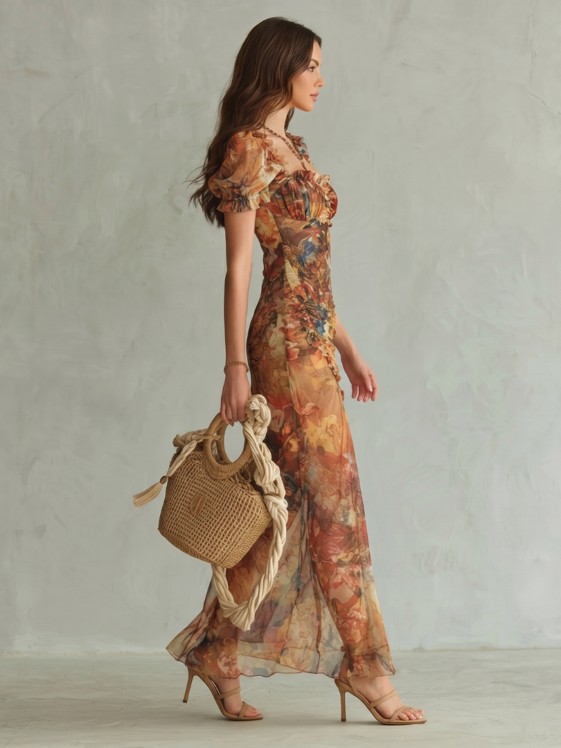 Veda Bremen Ciel midikleid with volant sleeves, gathered waist, and thigh slit, shown in a stylish fabric design.