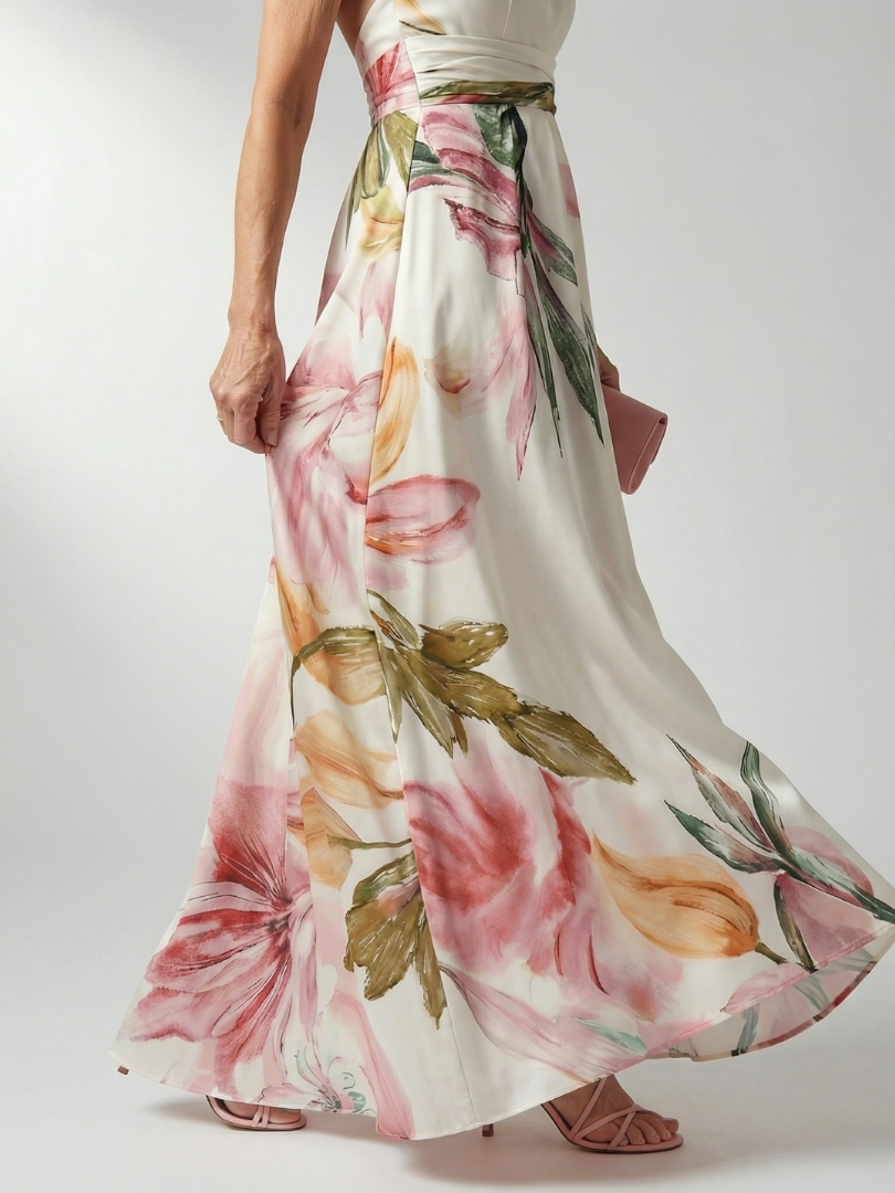 Veda Bremen Amiel lightweight maxi dress with colorful floral print, flowing fabric, and sleeveless design.