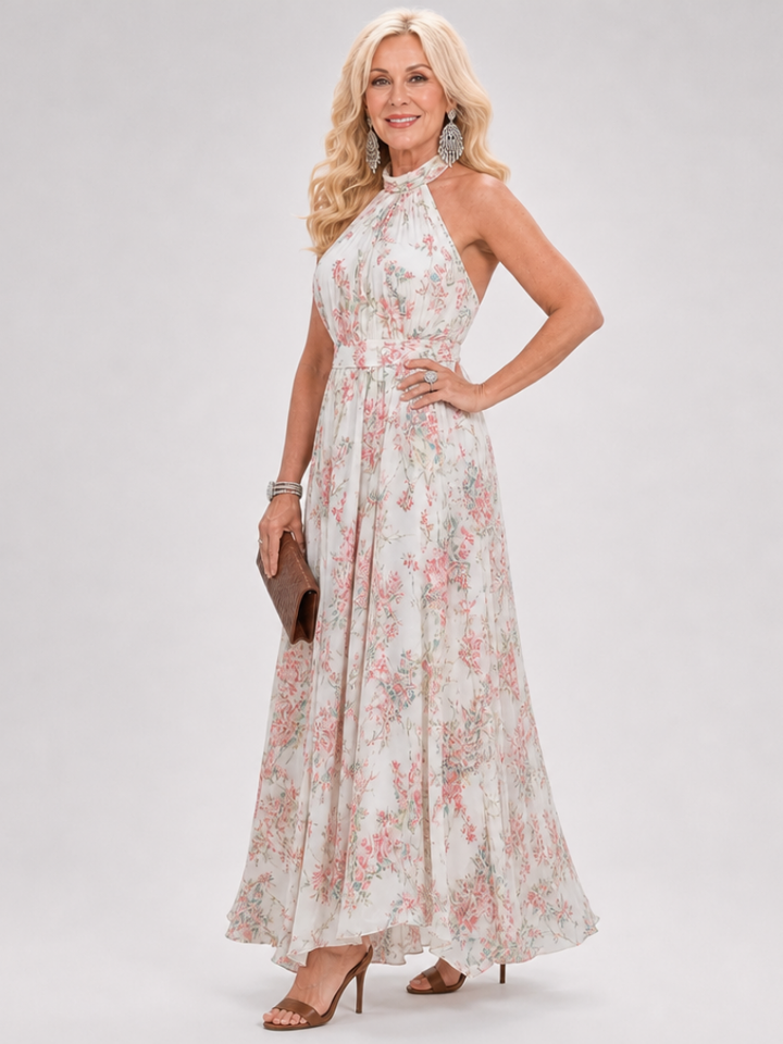 Guinevere Veda Bremen floral print midi dress with flowing skirt and long sleeves, showcased on a model standing outdoors