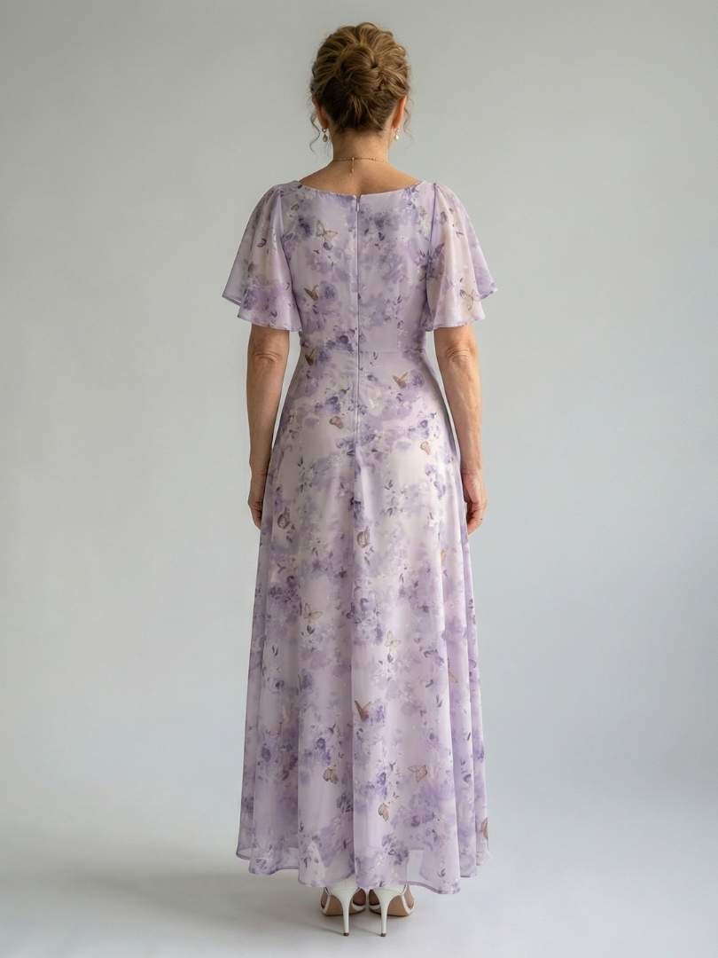 Veda Bremen Vaelis midikleid mit flatterärmeln, fließendes Stoffdesign, elegante Sommerkleidung, helle Farbgebung
