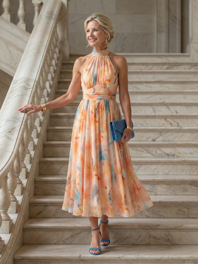 Veda Bremen Elin soft midi dress with neckholder, lightweight fabric, sleeveless design, and elegant silhouette.
