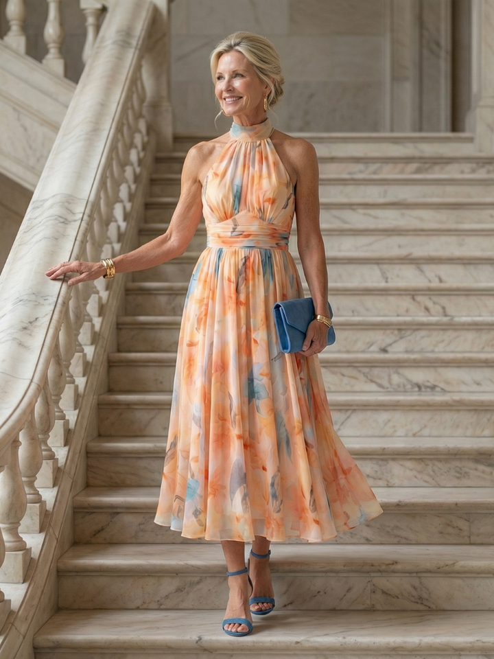 Veda Bremen Elin soft midi dress with neckholder, lightweight fabric, sleeveless design, and elegant silhouette.